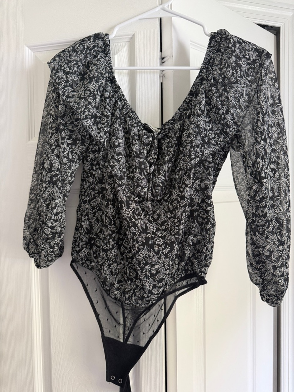 Abercrombie & Fitch Black and White Floral Sheer Long-Sleeve Bodysuit